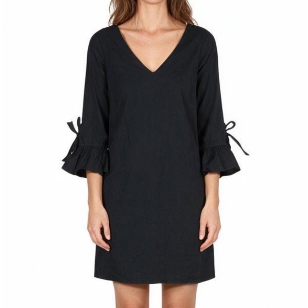 J. CREW Shift Dress BLACK Ruffle Cuff w/TIE SLEEVE Stretch Cotton Twill SZ 00